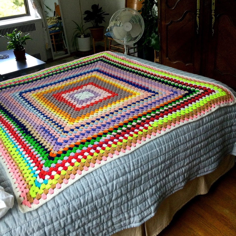 Vintage 60”X60” rainbow crochet bed/couch/shawl blanket
